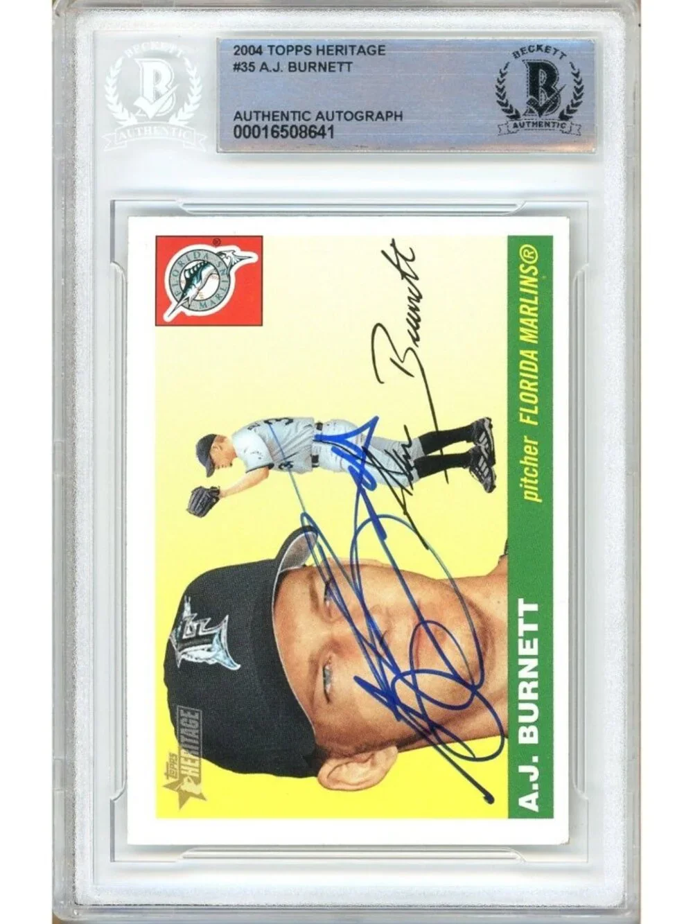 AJ Burnett Signed 2004 Topps Heritage #35 Marlins Baseball Card BAS Slabbed